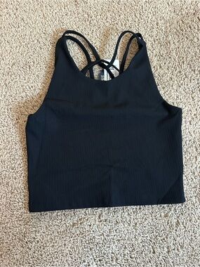 Kids Black Ribbed Strappy Cropped Tank.